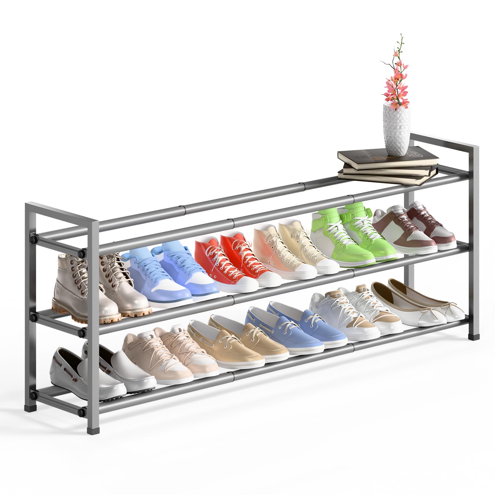 Bumusty 3-Tier Long Expandable Shoe Rack for Closet, 18"-44" Adjustable Shoe Rack for Entryway, 15-18 Pairs Large Shoe Organizer Shelf Storage, Sturdy Metal, Light Grey