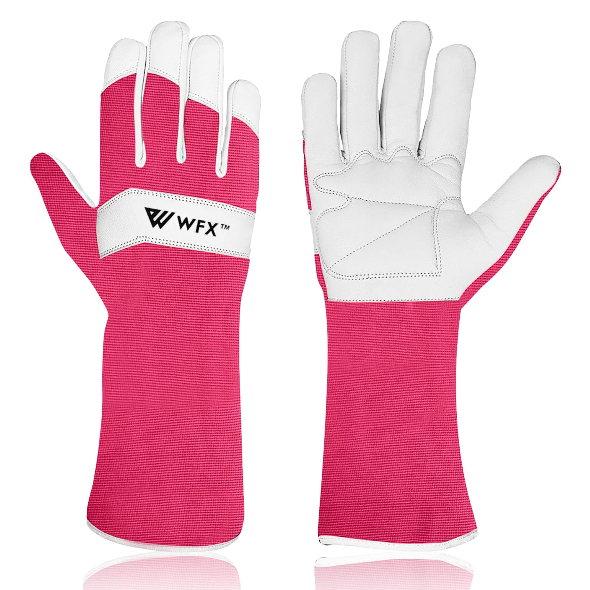 WFX Long Gardening Gloves Leather Ladies Men Women Durable Goatskin Garden Gloves Forearm Protection Thorn Proof Gardener Work Spandex Sleeves Rose Pruning Gift (X-Large, Pink)