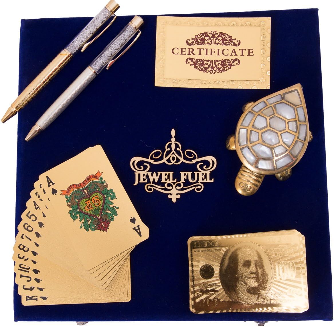 24K Gold Playing Cards, Feng Shui Tortoise, Gold Plated Pen & German Silver Ball Pen Gift Set