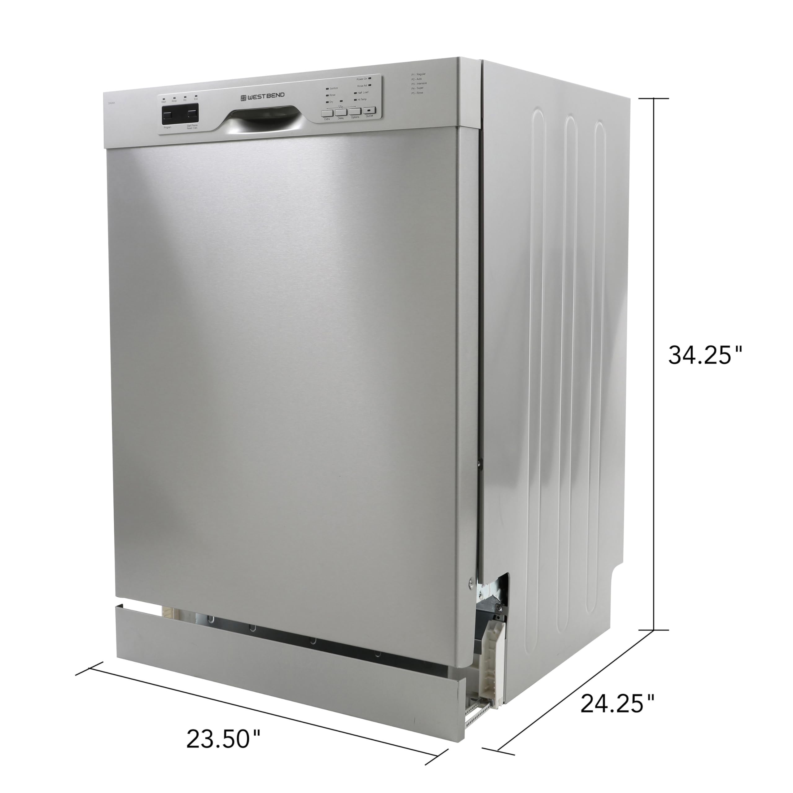 West Bend WB120BDWVSS Dishwasher 24-Inch Built in with 3 Wash Options and Automatic Cycles, Stainless Steel Construction with Electronic Control LED Display, Low Noise Rating, 57 dBA, Metallic