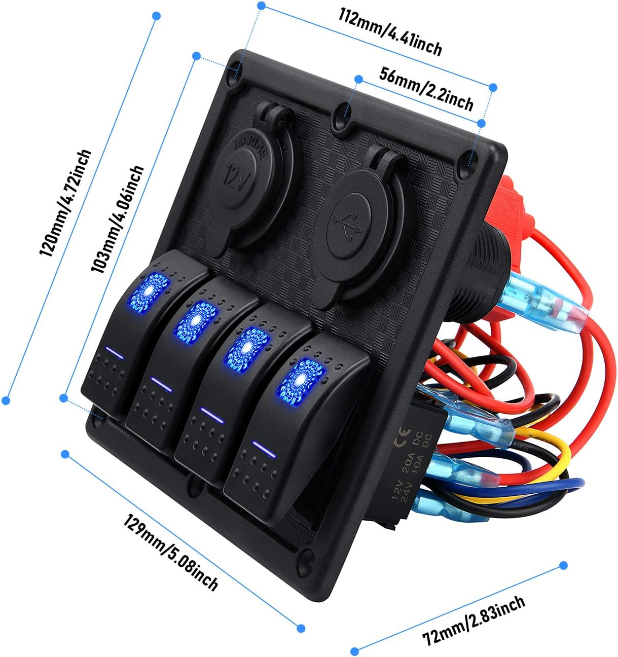Kohree 4 Gang Marine Boat Rocker Switch Panel, 12V Waterproof LED Lighted Toggle Switches Fuse Breaker Protected Control with 12 Volt Marine USB Power Outlet for Car Boat RV Scooter Truck Vehicles: Industrial & Scientific