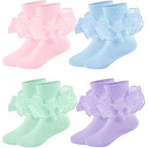 MKYSZLT 4 Pairs Girls Ruffle Socks Toddler Lace Frilly Dress Socks Fold Over Church Fancy Socks for Little Kids Big Girl