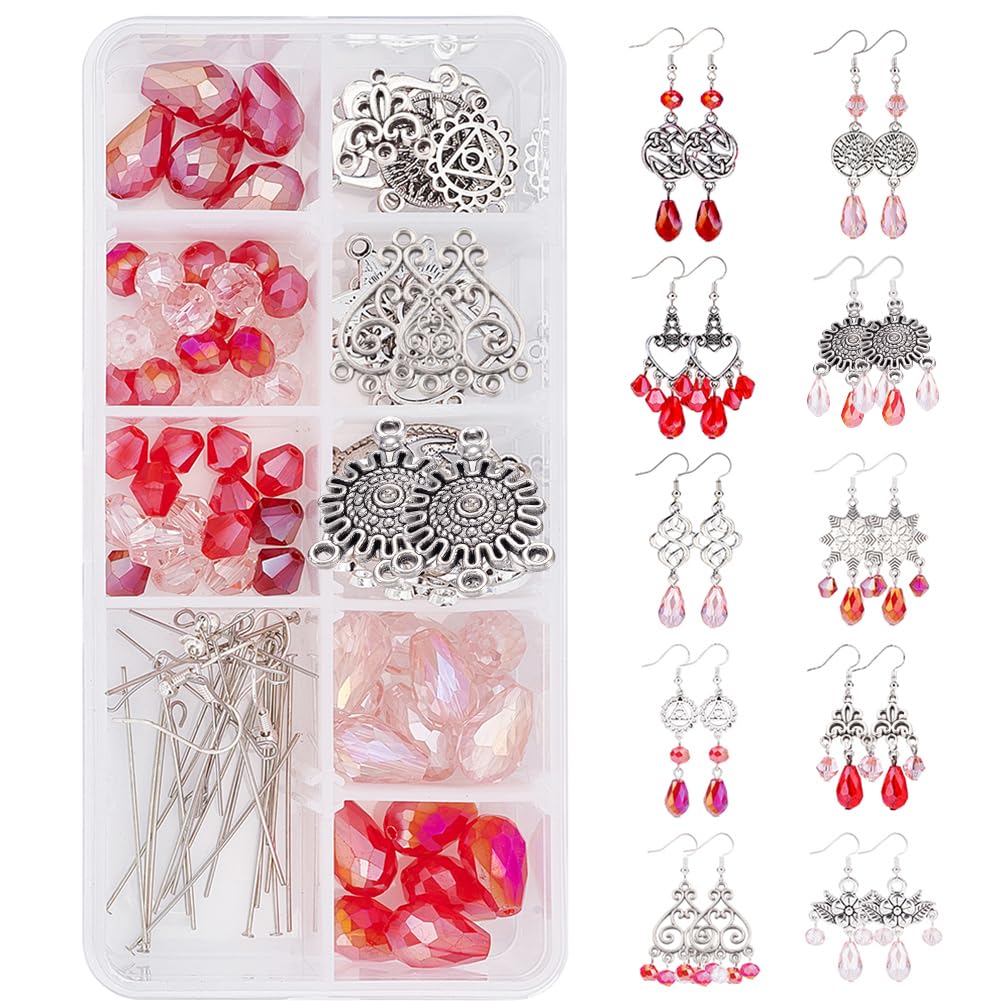SUNNYCLUE 1 Box DIY 10 Pairs Red Beads Chandelier Dangle Earring Making Kit Flat Round Celtic Knot Flower Tree Snowflake Heart Component Links Teardrop Electroplate Glass Beads for Jewelry Beginners
