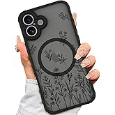 AIGOMARA Magnetic Case for iPhone 16 Plus [Compatible with MagSafe] Cute Black Flower Floral for Women Girls Soft TPU Bumper Hard PC Back Anti-Fall Shockproof Protective Slim Cover
