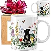 FALJIOK Cute Black Cat and Flowers 11oz Porcelain Coffee Mug, Gift for Cat Lover, Mom, Friend, Bestie