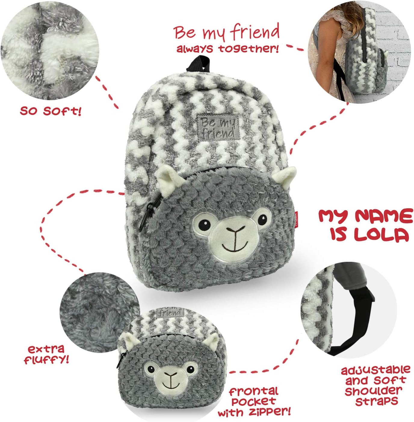PERLETTI Plush Llama Backpack for Little Girls Boys 3 4 5 Years, Children Soft Daypack for Kindergarten School Travel - Image 4