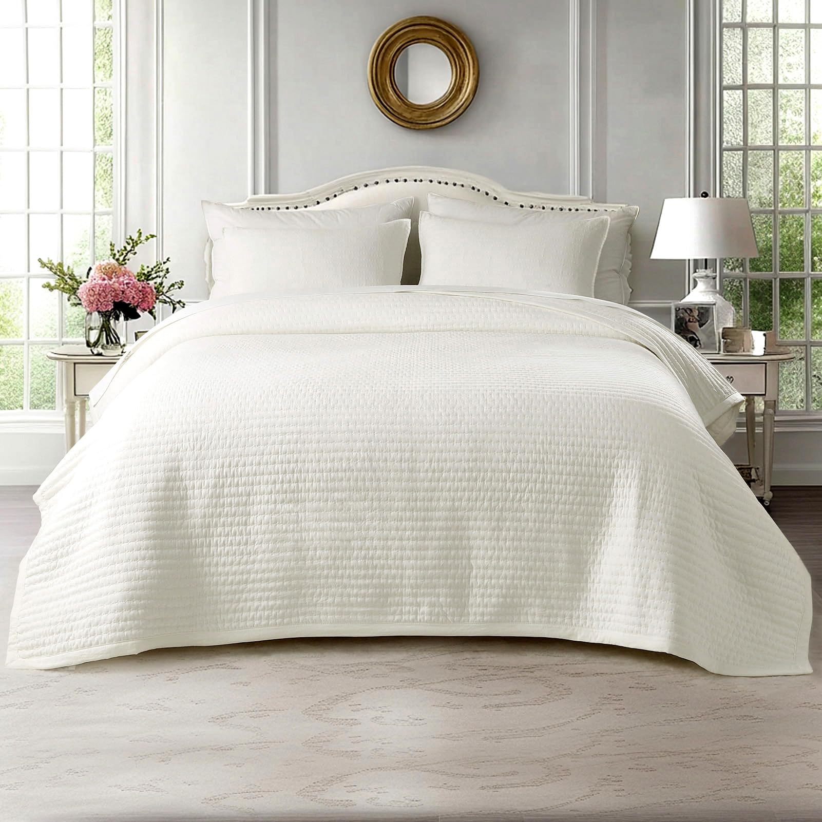 Photo 1 of KASENTEX Oversized Queen Quilt Set 102"x106" – Soft Washed 3-Layer Lightweight Bedspread, Minimalist Nordic Design, All-Season Spring & Summer Quilt Set (1 Quilt + 2 Pillow Shams),Cream White