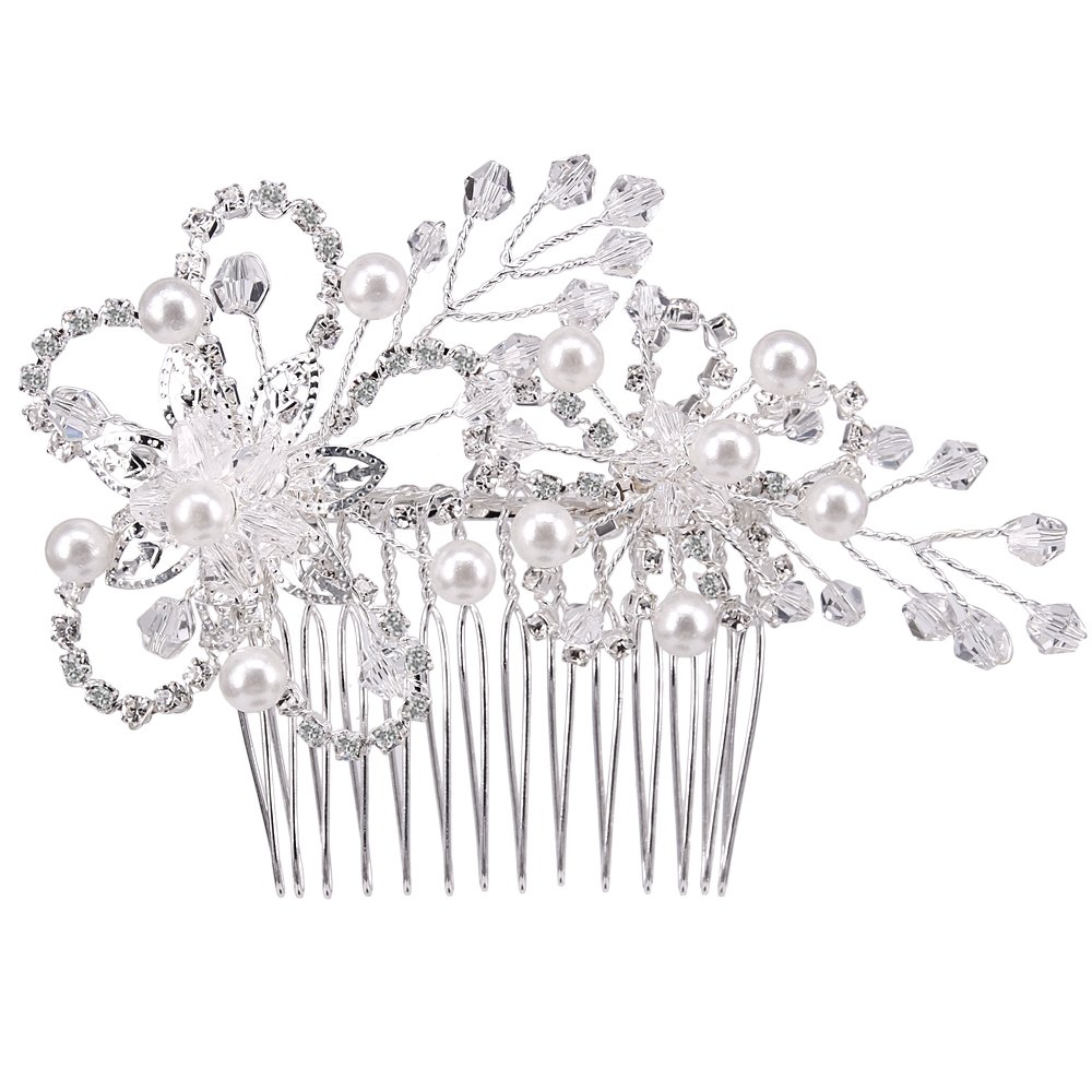 BiBeary Women Elegant Wedding Bridal Crystal Simulated Pearls Maple Flower Manual Handmade Hair Comb Hair Jewellery Silver-Tone
