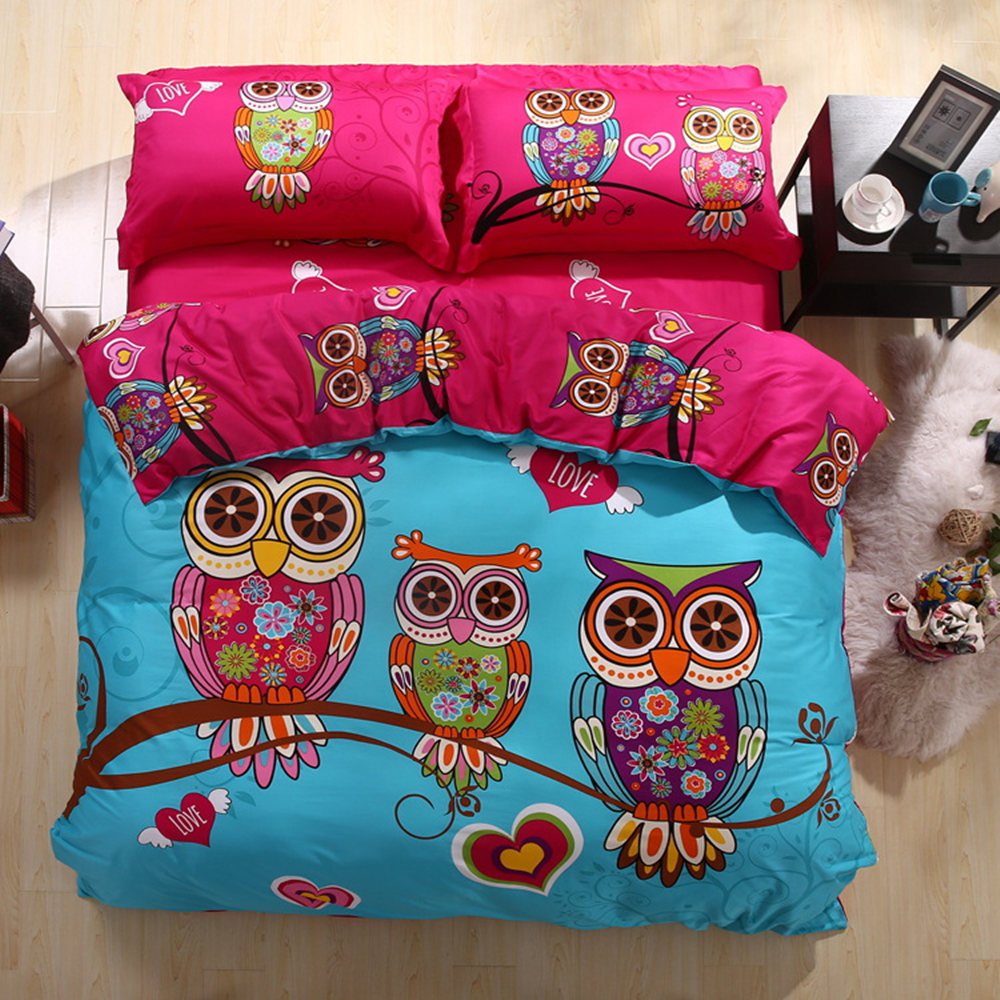 HNNSI Full Size Cartoon Style Kids Girls Owls Bedding Sets