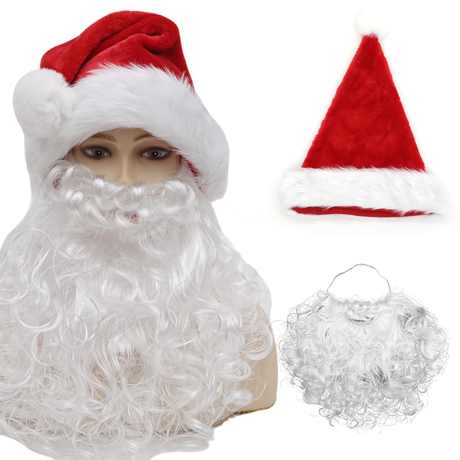 BUYOGET 2pc Santa Hat and Beard for Adults Red Hat and White Beard Set for Classic Father Christmas Fancy Dress Up Costume