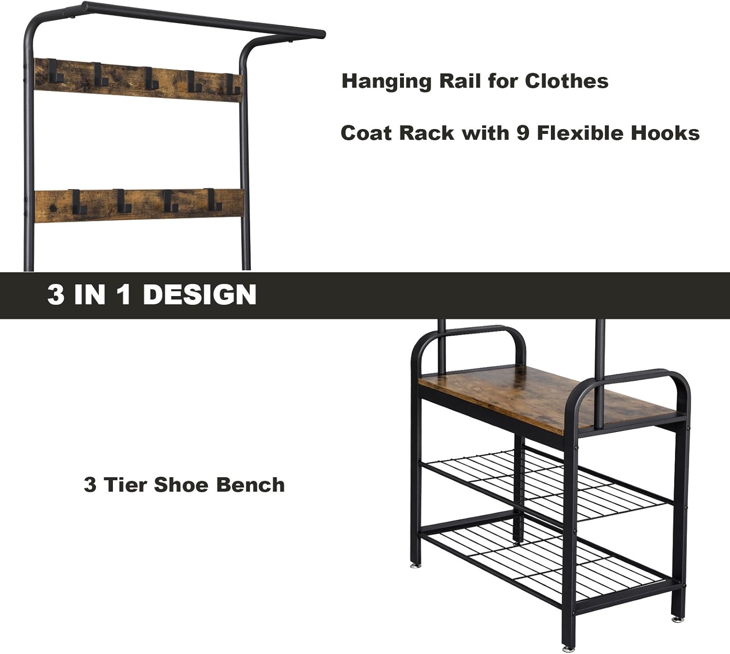 VASAGLE DAINTREE Coat Rack, Shoe Bench, Hall Tree with Storage Shelf for Entryway, Industrial Accent Furniture with Steel Frame, 3-in-1 Design, Easy Assembly, Rustic Brown and Black UHSR40B: Kitchen & Dining