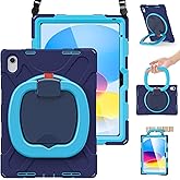 BRAECN Case for iPad (A16) 11th/10th Generation 11”/10.9'' 2025/2022, Heavy Duty Shockproof Cover with Pencil Holder/Screen Protector/Rotating Handle Grip/Stable Kickstand/Shoulder Strap, Navy Blue