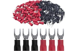 DQLIOWUO 200Pcs 16-14 AWG Red Copper #8 Insulated Fork Spade Wire Connector,U-Type Electrical Crimp Terminals (#8 16-14awg （100Red+100Black）)