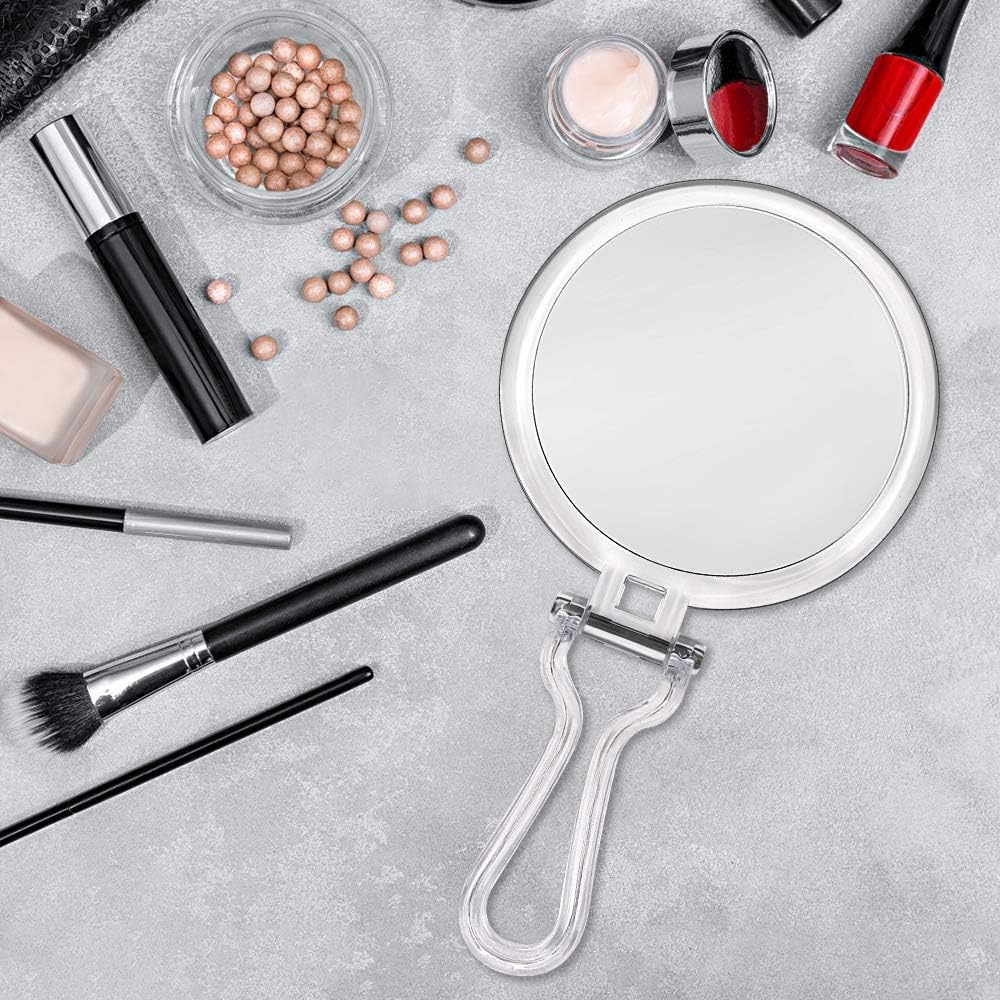 Cheftick Double Sided Hand Held Mirror - 1X & 7X Magnifying Travel Makeup Mirror with Adjustable Folding Handle, Portable, Transparent & Round (6"): Furniture & Decor