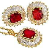 RIZILIA Rectangular Radiant Cut Birthstone Jewelry Set for Women - Multi Color Options - 14K Yellow Gold Plated Pendant Necklace Stud Earrings, 18"+2" Chain - Gift Boxed for Her, Mother