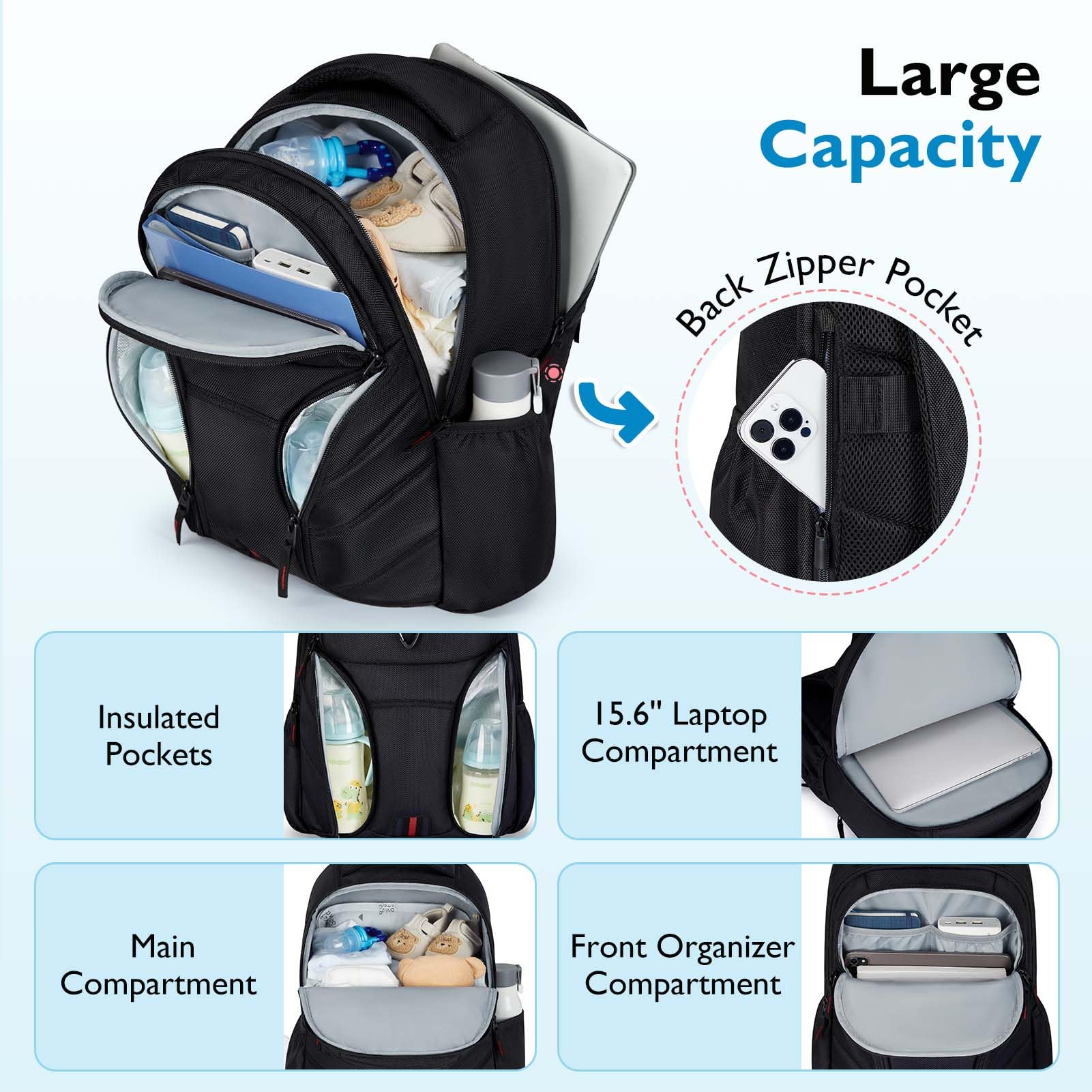 mommore Dad Diaper Bag, Large Laptop Backpack with Insulated Pockets, 1680D Heavy Duty Water Resistant Men Diaper Bag Travel Work with Luggage Sleeve Stroller Straps