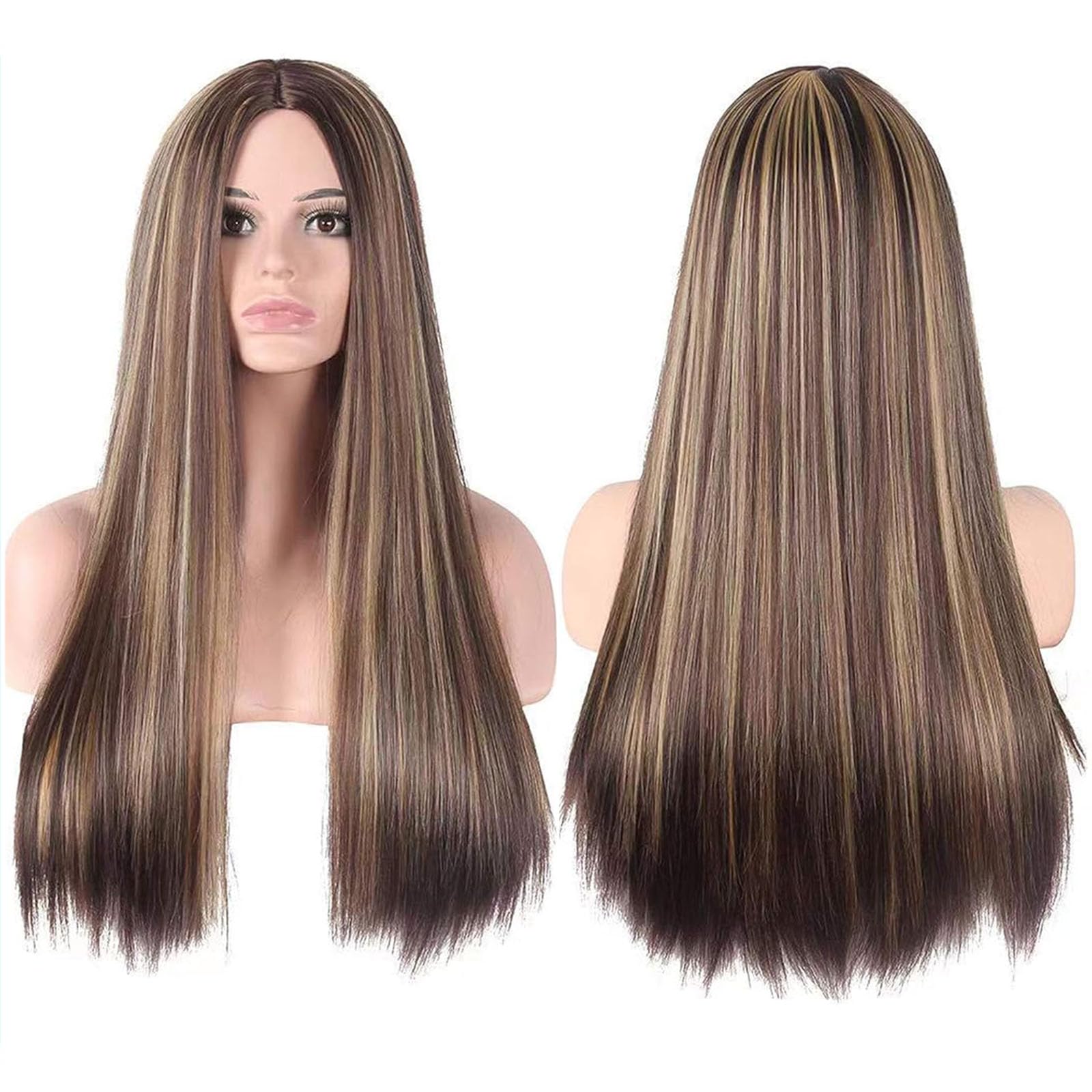 Photo 1 of CanLux 26 inch Brown Wig with Blonde Highlight Long Straight Wig for Women and Men Middle Part Wig Synthetic Full Hair Wigs with Wig Cap