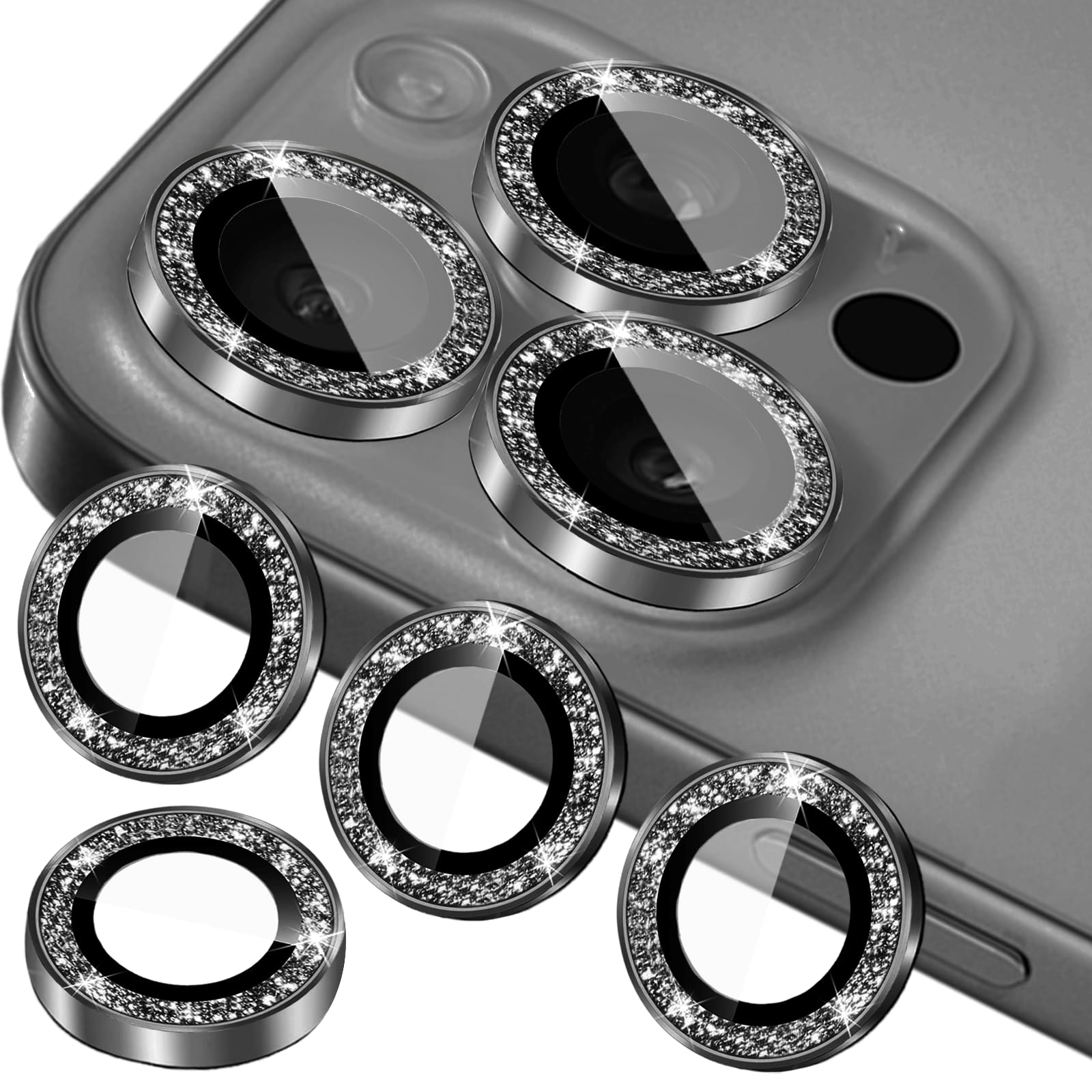 YWLOPT Compatible for iPhone 11, 11 Mini, 11 Pro & iPhone 11 Pro Max Camera Lens Protector (3+1 Pack) - Bling Sparkling Glitter, Anti-Scratch Camera Cover with Tempered Glass, Case Friendly (Black)