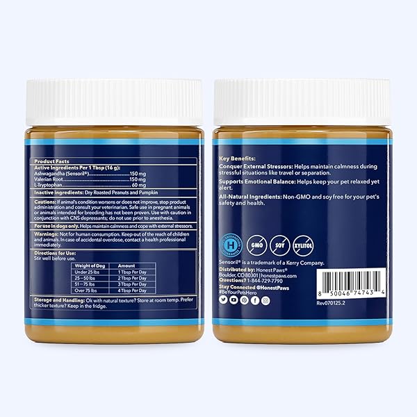HONEST PAWS CALMING PEANUT BUTTER FOR DOGS – DOG SUPPLEMENT WITH ASHWAGANDHA, VALERIAN ROOT & L-TRYPTOPHAN – SUPPORTS RELAXATION & BALANCED BEHAVIOR – MADE IN USA – 12 OZ