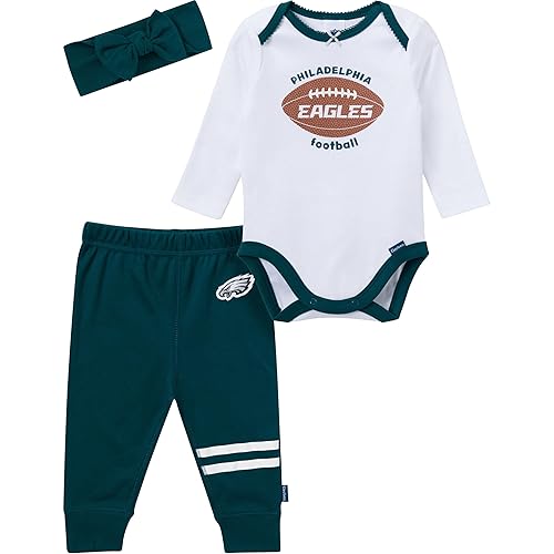 Gerber NFL Team Baby Girls' 3-Piece Onesie Bodysuit, Pants & Headband Set, Eagles, 6-9 Months