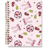 JXREQ Preppy Notebook Journal for Women Teen Girls, Pink Journal Notebook Cherry Bow Notebooks School Supplies, Cute Hardcover Lined Spiral Notebook, Back To School Gifts, 5.5x8.3
