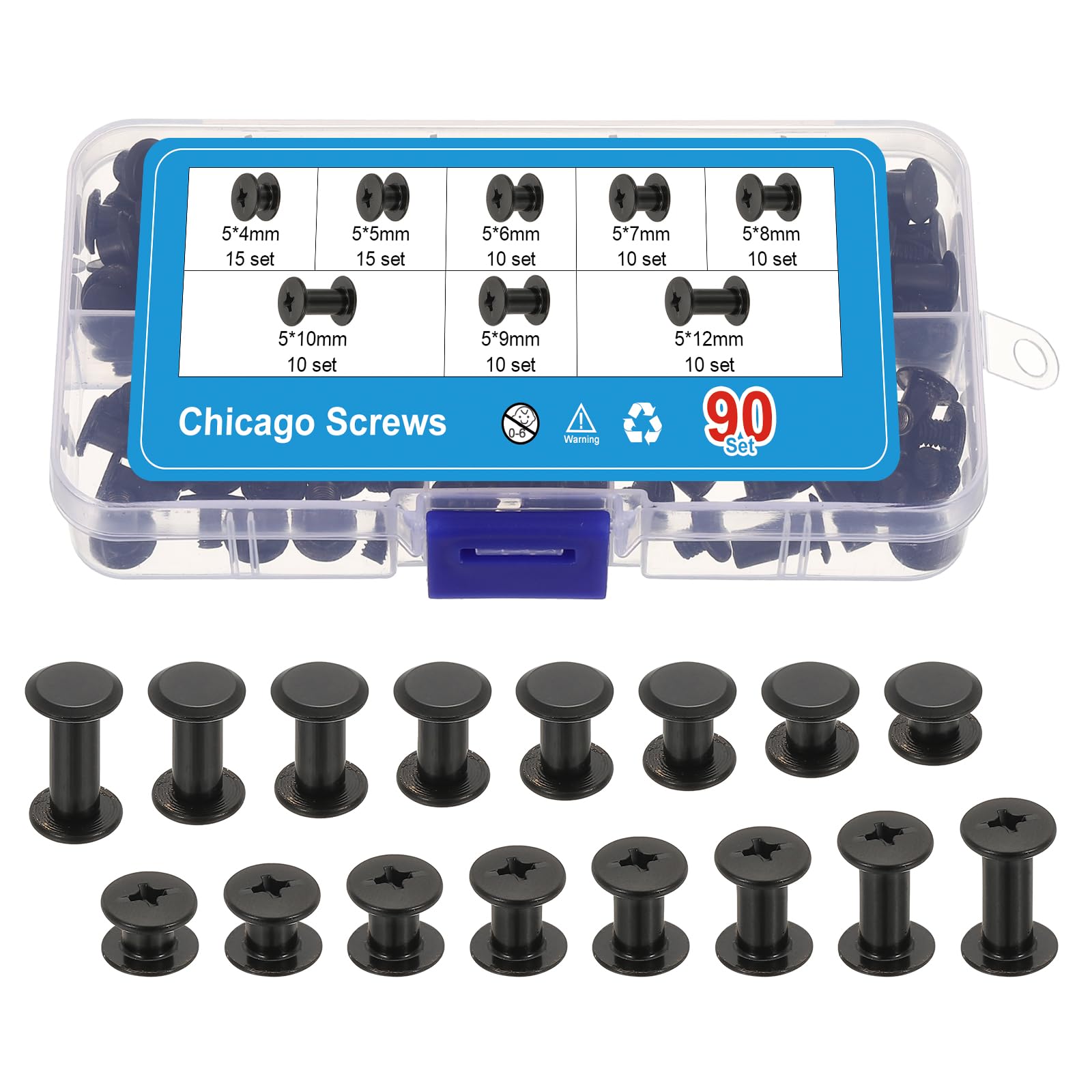 PATIKIL 180Pcs Chicago Screws, M5 x 4/5/6/7/8/9/10/12mm Carbon Steel Chicago Screw Phillips Binding Post Screw Rivets for Leather Belt Scrapbook, Black