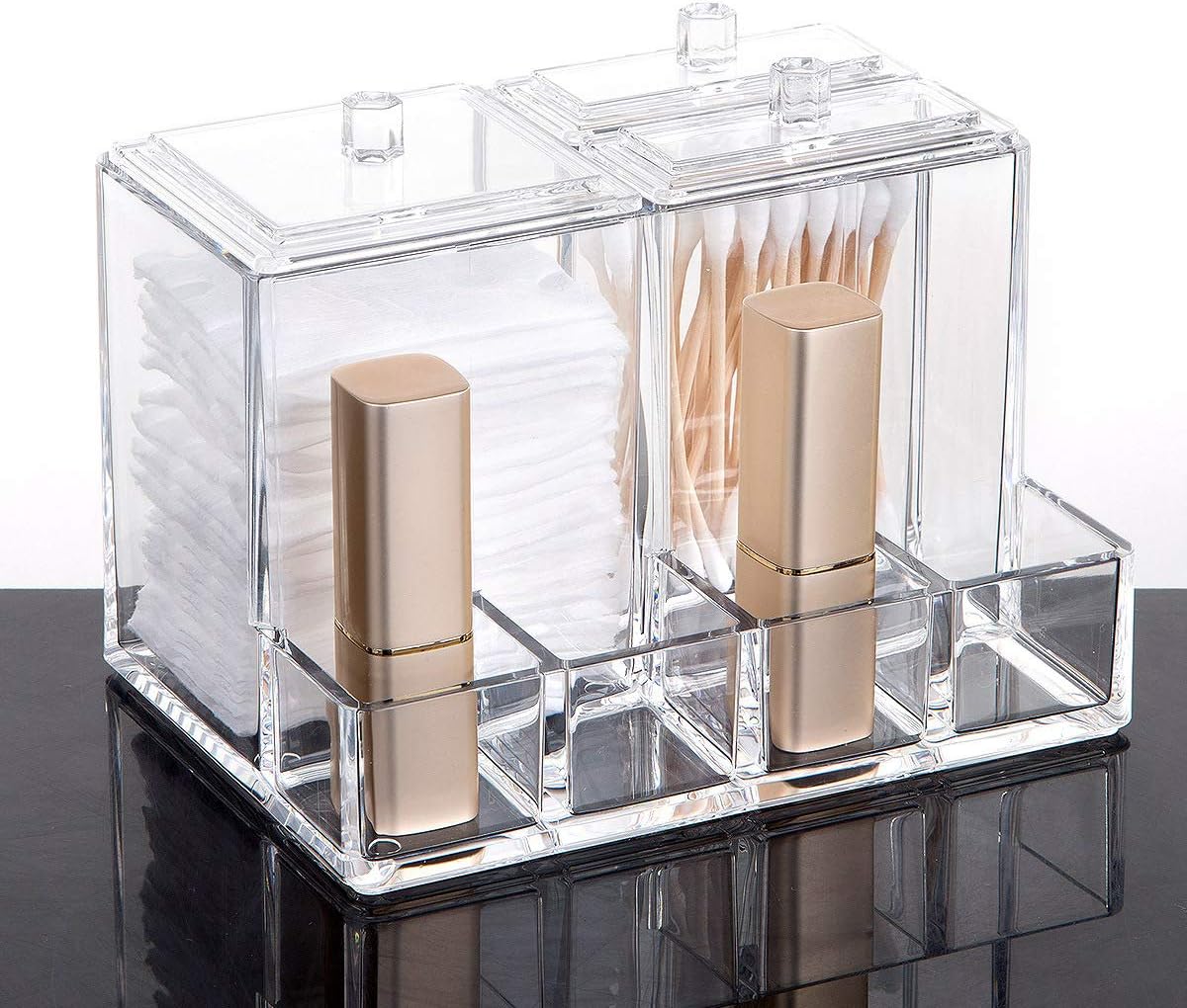 WELTRXE Cotton Buds Dispenser Makeup Organiser Bathroom Storage Cotton Swabs Holder Cotton Pad Container with Lid (Square 7 in 1)