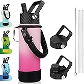 BJPKPK Insulated Water Bottle with Straw Lid, 22oz Thermal Flasks Water Bottles with 3 Lids, Paracord Handle & Non-slip Boot, BPA Free Leak Proof Stainless Steel Tumblers, Cups,Cherry
