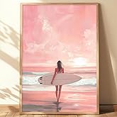 Pink Beach Preppy Wall Art Women Surf Poster Abstract Ocean Painting Summer Coastal Aesthetic Picture Pink Abstract Beach Wall Art Pastel Aesthetic Posters Modern Seascape Pictures 16x24inch No Frame