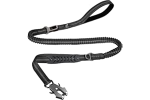 Raipult Tactical Heavy Duty Bungee Dog Leash for Medium Large Dogs That Pull, Military K9 Working Lead, 4-6FT Shock Absorbing Frog Clip Leash with Padded Traffic Handle & Car Seatbelt, Black