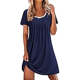 Ekouaer Nightgowns for Women Pleated Sleep Shirts Short Sleeve Night Shirts Lace Trim Night Gown Ladies Sleep Dress
