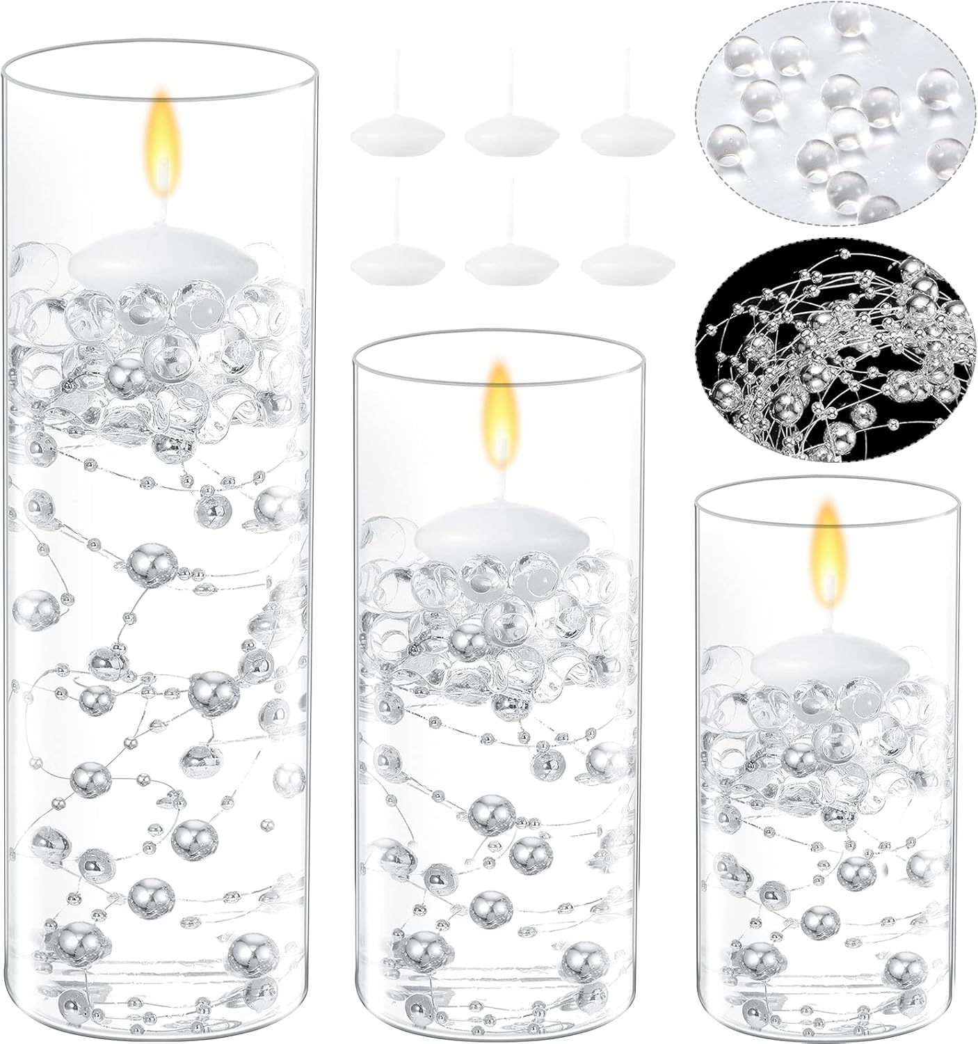 Vase Fillers - Shihanee 15 Pcs Clear Glass Cylinder Vases 3 Set Centerpiece Flower Vase Candle Holder for Centerpiece Wedding Party Decor with 6 Candles 5 Faux Pearls String and 1 Pack 1000 Beads (Silver)