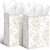 Kolldenn 24 Pcs Beige Floral Party Favor Bags with Handles Scalloped Wildflower Goodie Candy Gift Treat Bags for Birthday Decoration for Bridal Baby Shower Party Supplies