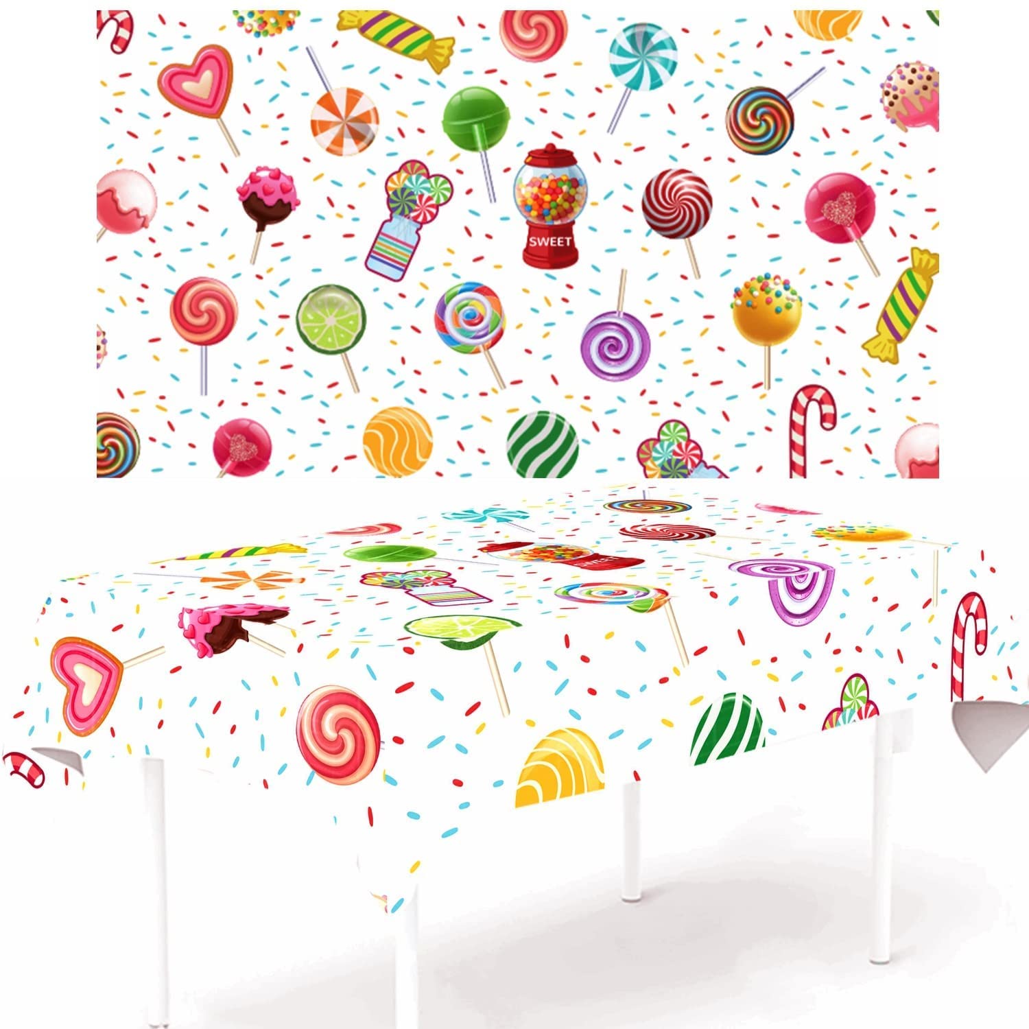 YiiiGoood 1pc Oxford Cloth Candy Party Tablecover CandyLand Party Tablecloth Lollipop Party Table Decorations for Birthday Home Classroom Events Sweet Shop Party Supplies