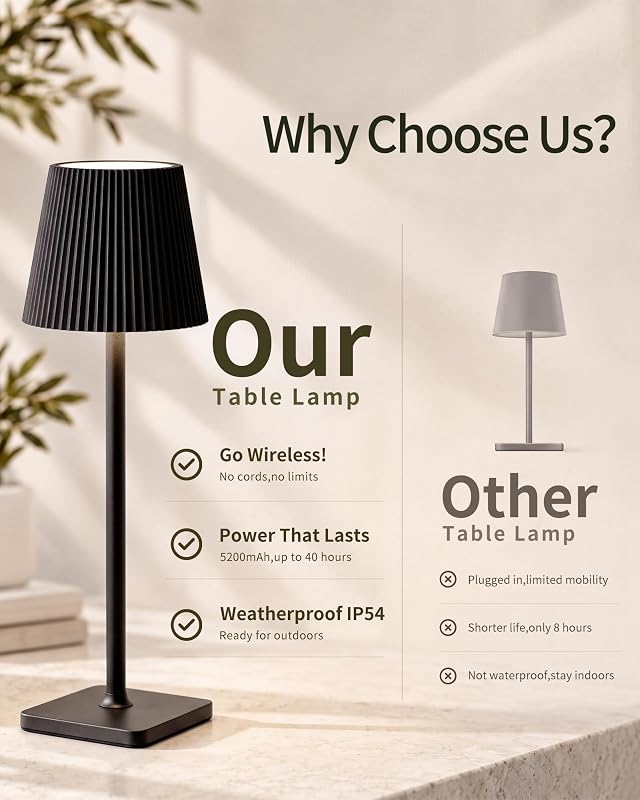 Lampada da tavolo senza fili 2 pezzi Nero VELA TL02