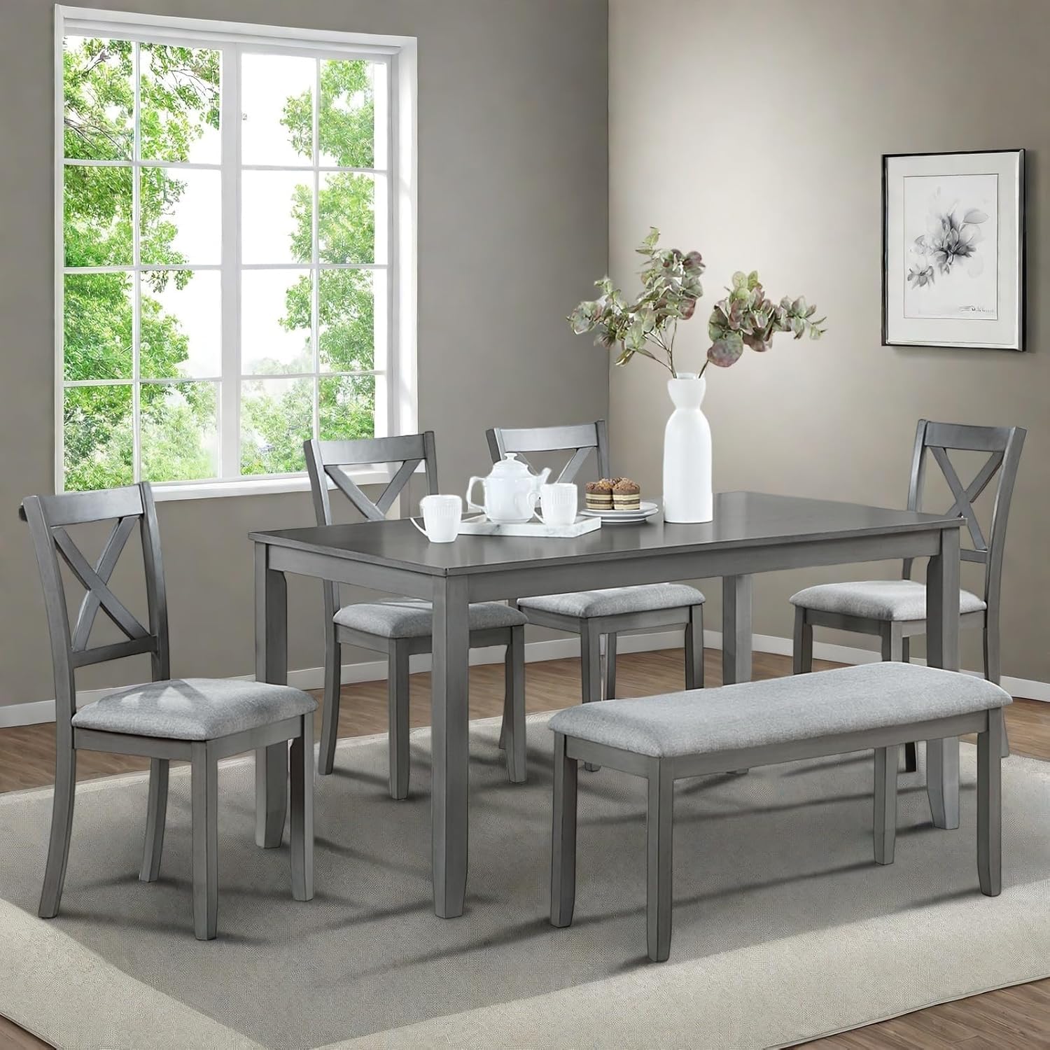 Photo 1 of ONLY CHAIRS****************** Trygoal 6-Piece Dining Table Set for 4-6 People, Kitchen Set with 4 Upholstered Chairs and One Bench, Living Room Chairs with X-Shape Backrest, Rectangular Wooden Table for Home Bar and Kitchen, Gray