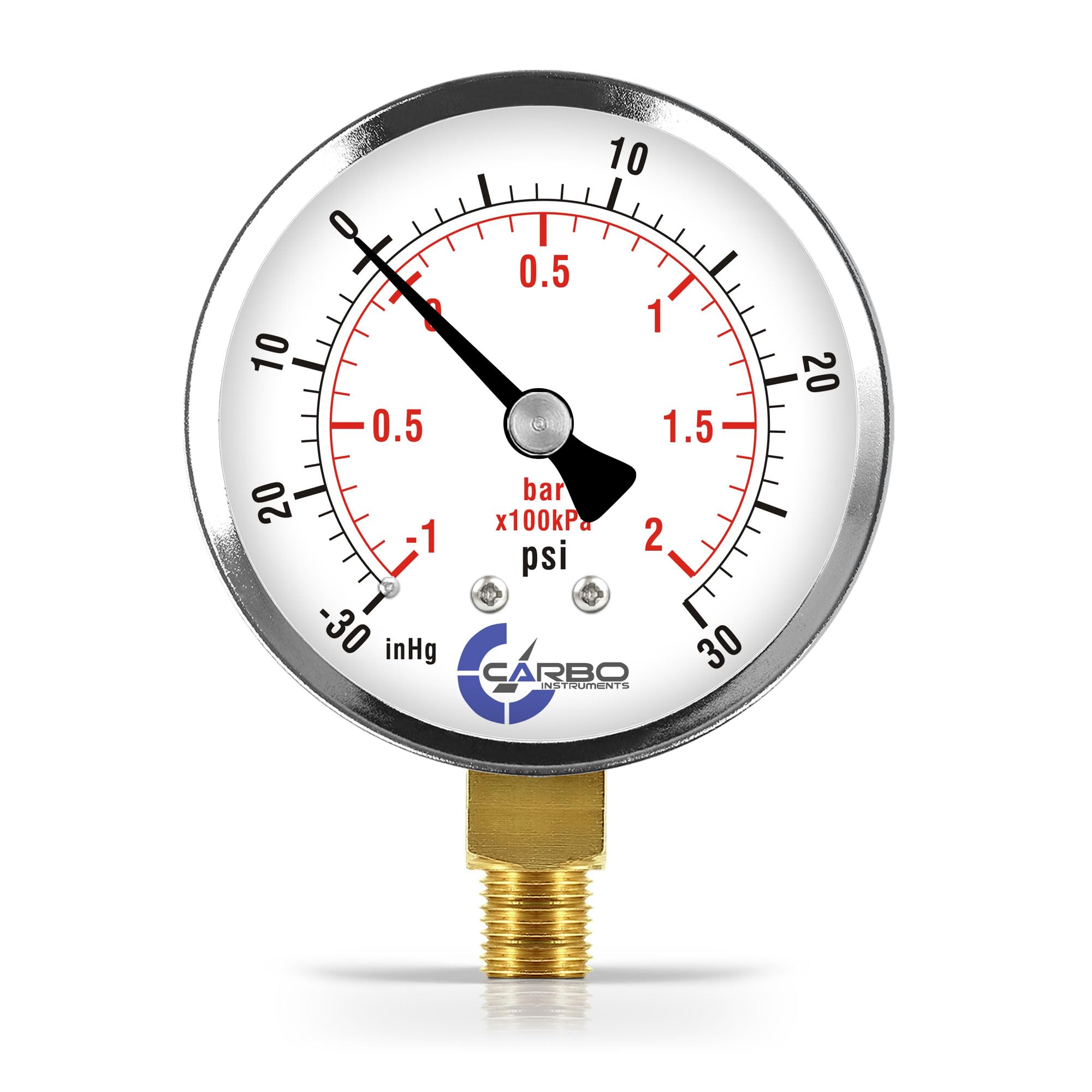 CARBO Instruments 2-1/2" Pressure Gauge, Chrome Plated Steel Case, Dry, Compound Vacuum -30 Hg - 0-30 psi Lower Mount 1/4" NPT