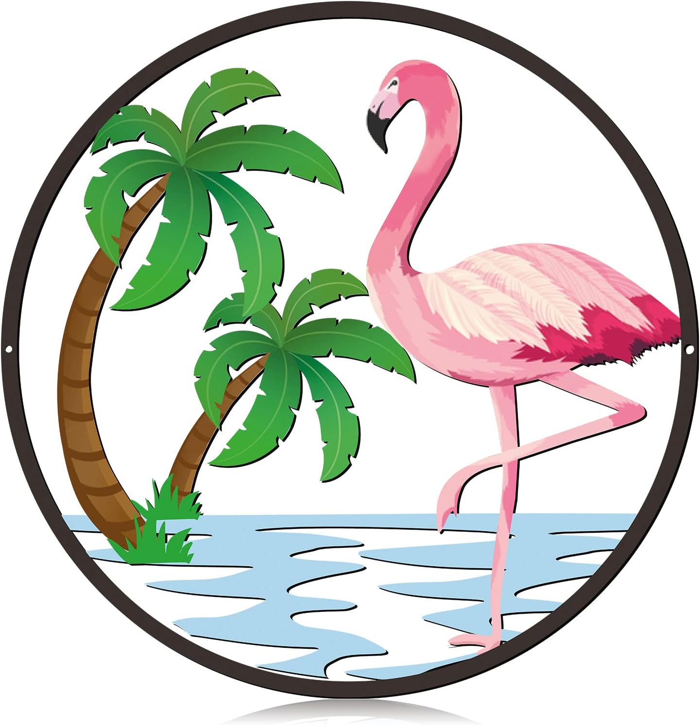 Plaques & Wall Art - Metal Flamingo Wall Art Pink Flamingo Palm Tree Porch Front Door Hanging Wall Decor Outdoor Flamingo Wall Plaque Hanging Artwork Tropical Theme Flamingos Wall Decor for Home Room Door Patio Yard Decor