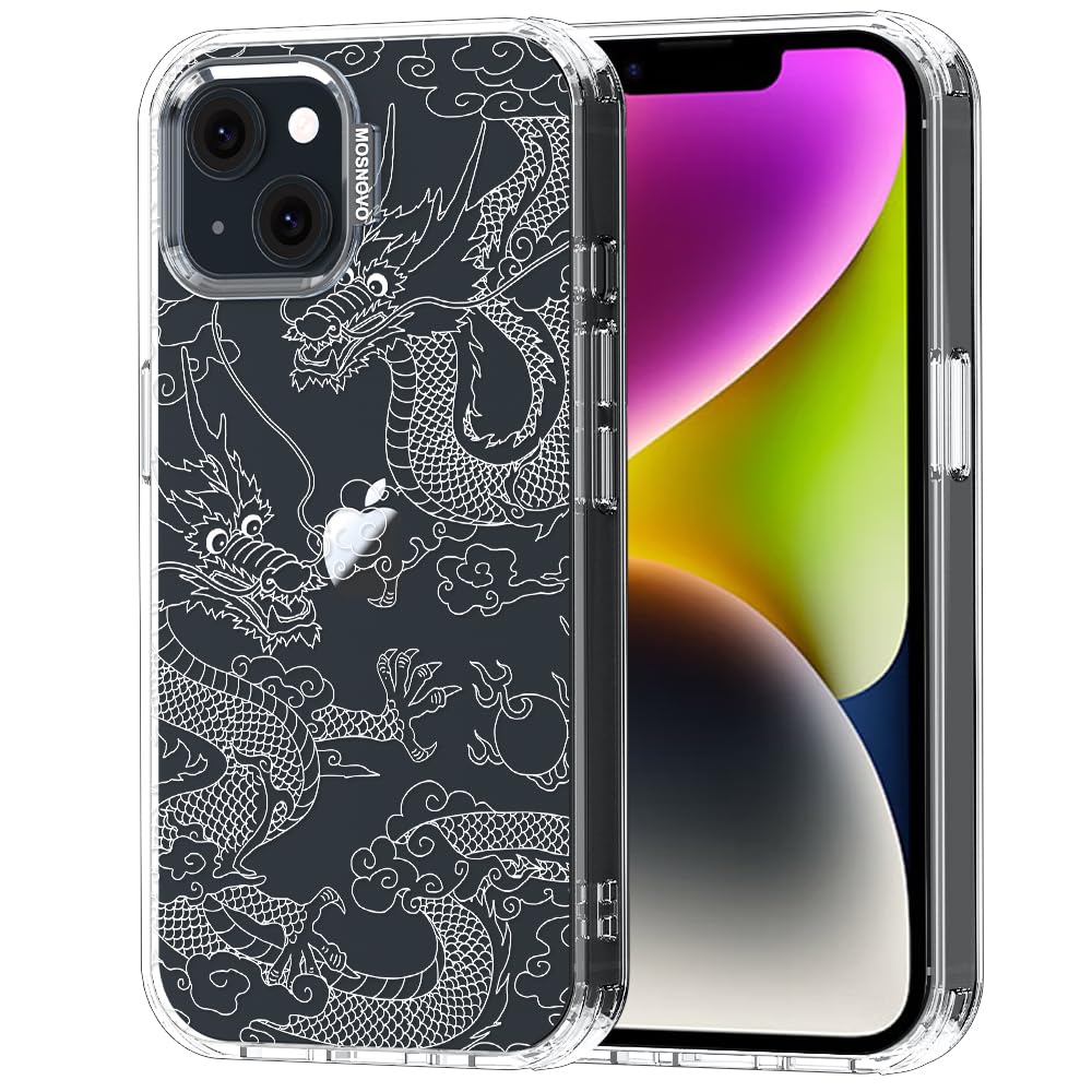 MOSNOVO Case for iPhone 13/14, [Buffertech 6.6ft Military-Grade Drop Protection] [Anti Peel Off Tech] Clear TPU Bumper Phone Case Cover Design - White Dragon