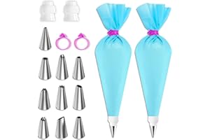 Riccle Reusable Piping Bag and Tips Set - Strong Silicone Icing Bag and Tips - Ideal Icing Piping Kit of 2 Reusable Pastry Bag,2 Coupler, 10 Icing and Frosting Tips with 2 Bag Ties