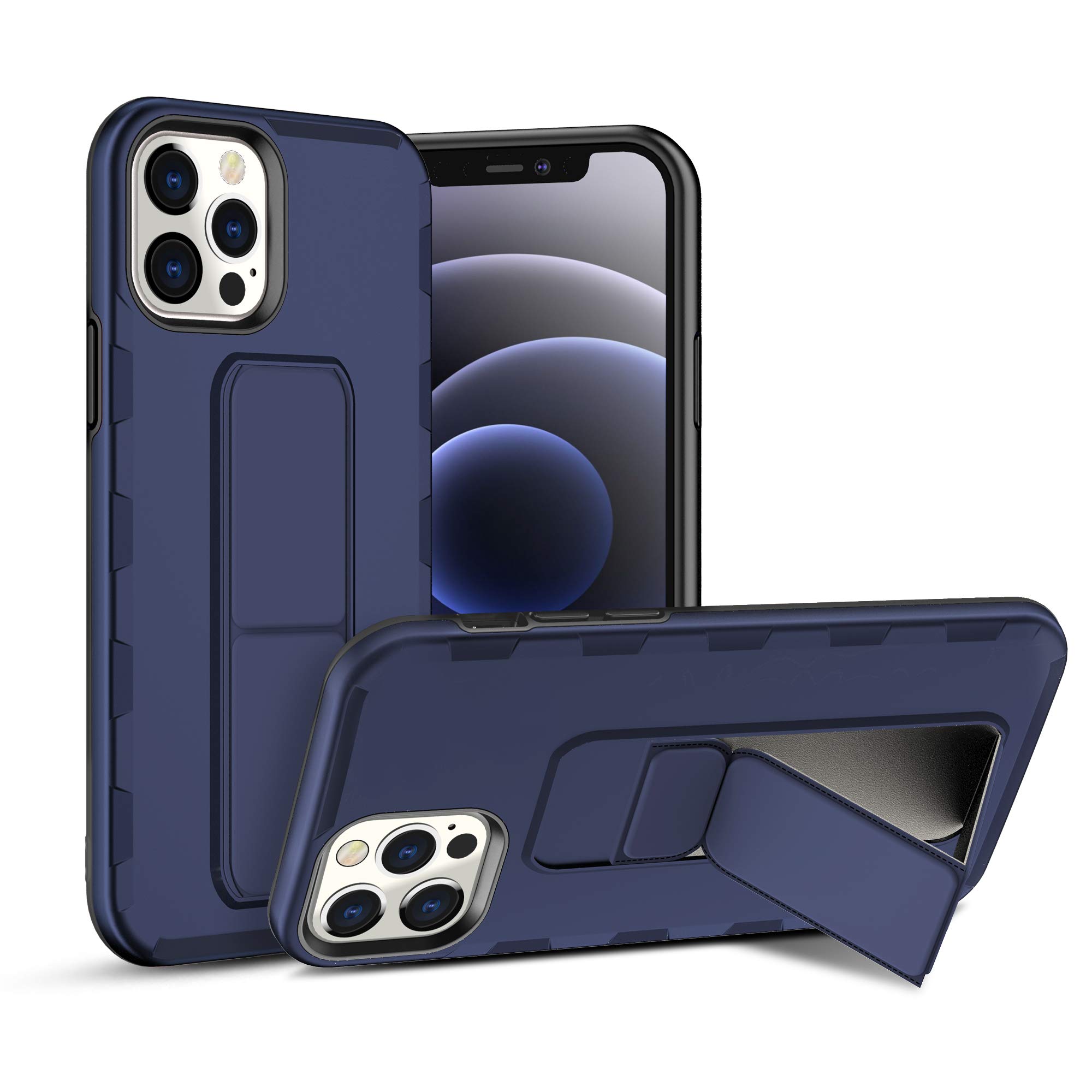 AB Business Group iPhone 12 Pro Shockproof Case with Magnet Folding Vertical and Horizontal Kickstand, Hand and Finger Strap with Metal Stand for Magnetic Car Mount Blue