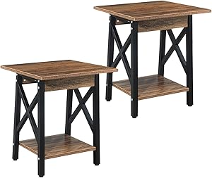 GreenForest End Tables Set of 2 Industrial Side Table with Storage Shelf for Living Room Bedroom, Stable Metal Frame, Easy Assembly, Rustic Walnut