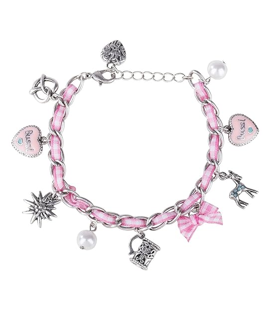 SIX 'Oktoberfest Damen Armband Silberne Glieder Textilband rosa weiß Vichy Karo Perlen Charms Edelweiß Brezel REH Bierkrug Le