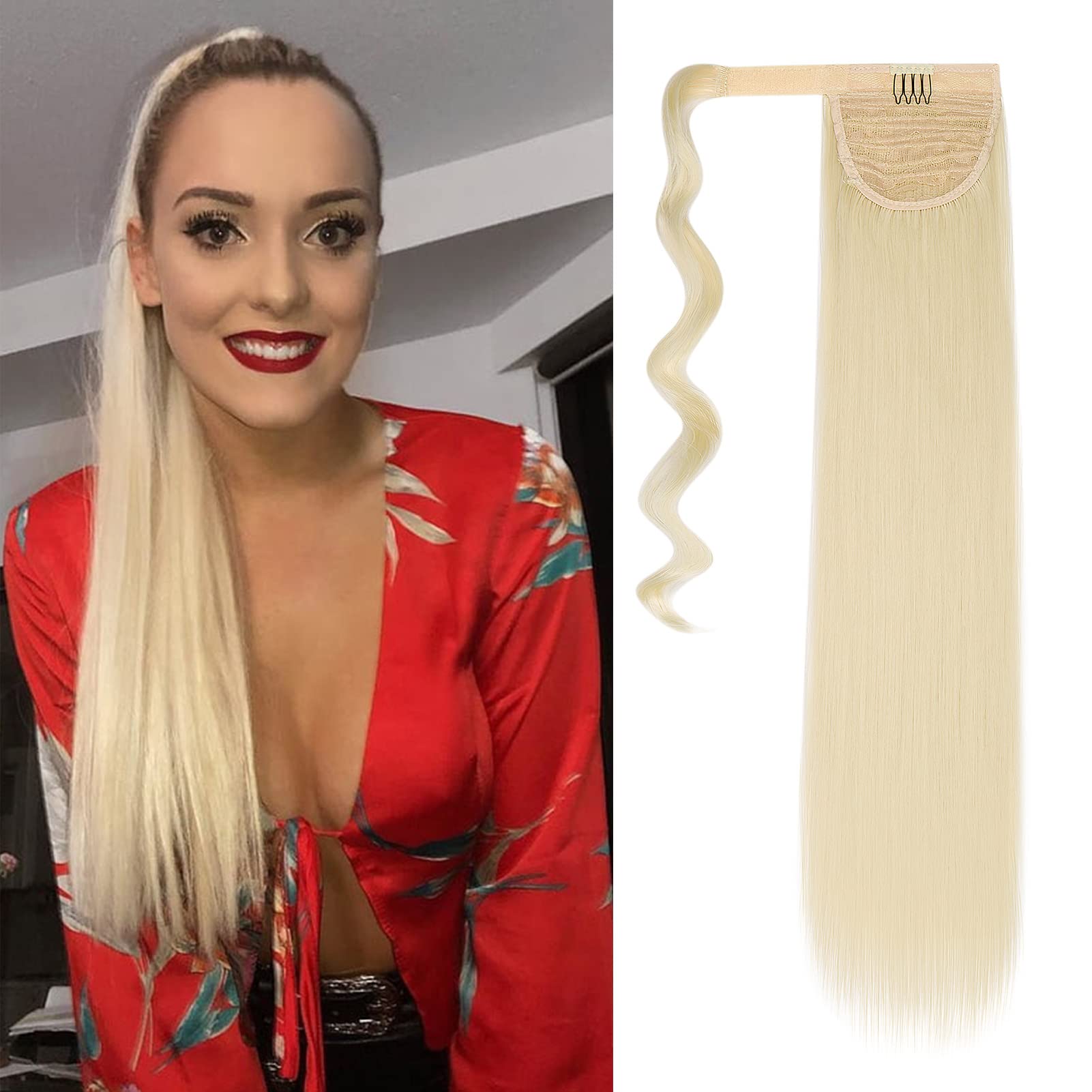 Cybelleza Straight Ponytail Extension Long Wrap Around Ponytails 22 inch Clip in Hair Extensions Hairpiece Synthetic for Women 105g, Bleach Blonde