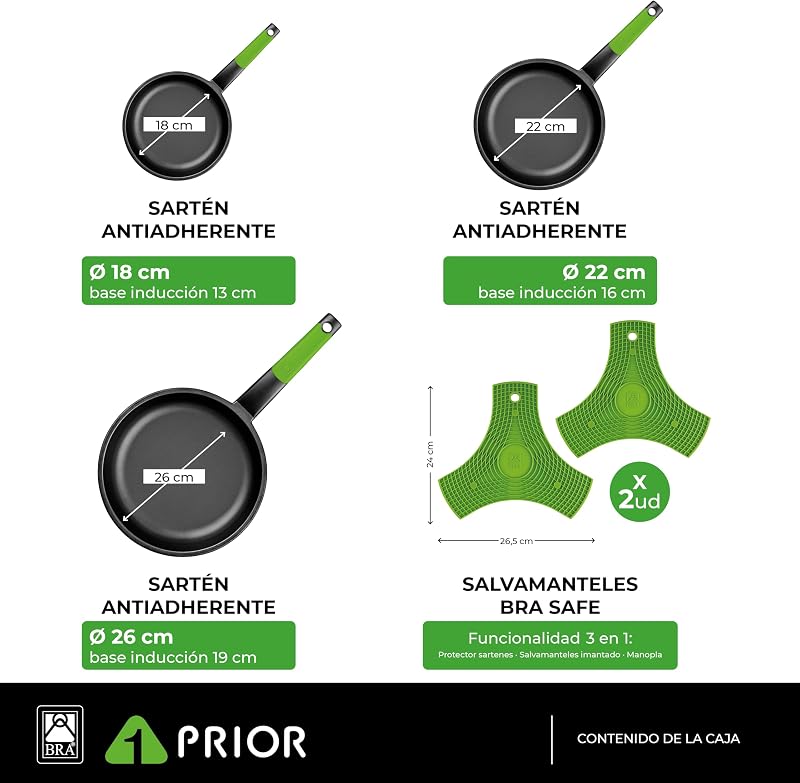 Bra prior - conjunto de 3 panelas, alumínio fundido antiaderente, inclui dois tripés verdes seguros, adequados para todos os tipos de placas, incluindo indução, 18-22-26 cm, cor preta