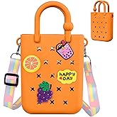 Oudizz Mini Rubber Tote Bag, Silicone Beach Tote for Little Girl & Woman, Cute Bag with 20 Charms & Adjustable Shoulder Strap