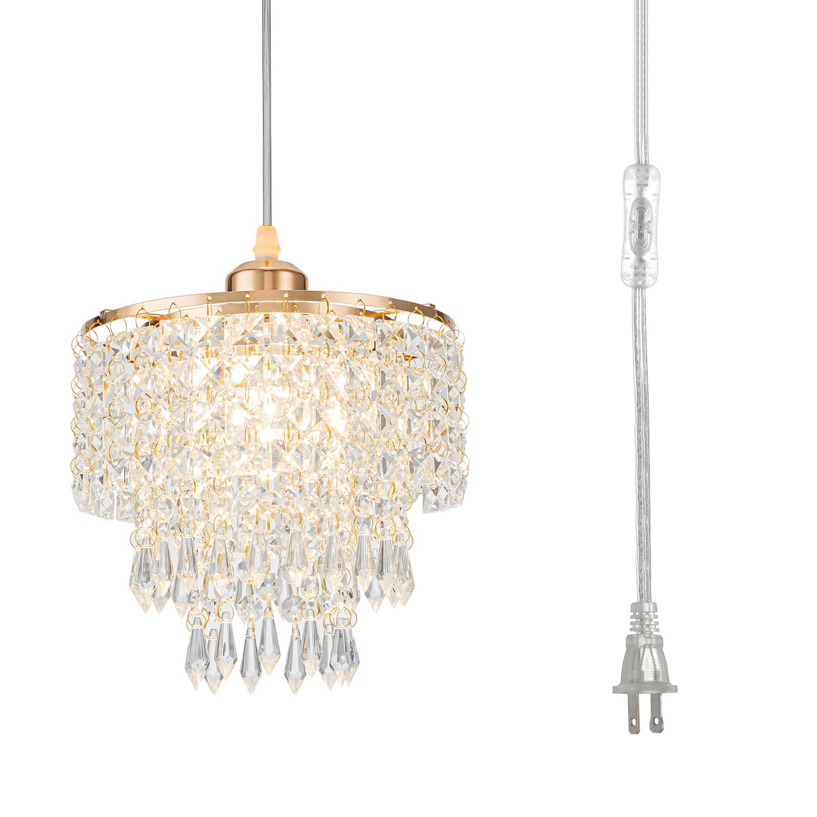 Photo 1 of 8" Plug in Pendant Light Corded Hanging Lights with Plug in Cord Hanging Lamp Plug in with 16.4 Ft Cord Mini Chandelier for Bedroom Kitchen Island Hallway Bathroom Closet (Gold)