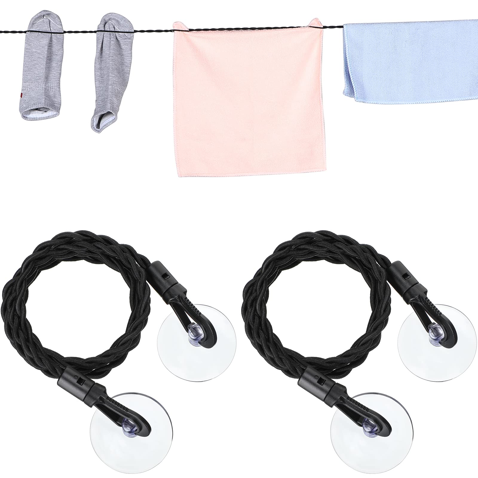 Photo 1 of 2 Pieces Travel Clothesline Portable Retractable Clothesline with Hooks and Suction Cups Camping Accessories Cruise Essentials for Outdoor and Indoor Use (Black)