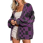 SELINK Women's Cardigan Sweater Vintage Open Front Mixed Checkered Pattern Chunky Knit Plaid Long Sleeve Daily Outwear