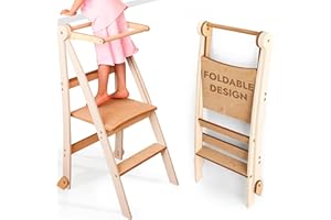 GOODEVAS Wooden Montessori Foldable Toddler Standing Stool – Space-Saving Step Stool for Children with Anti-Tip Protection, Stool for Children, Foldable Kids' Step Stool